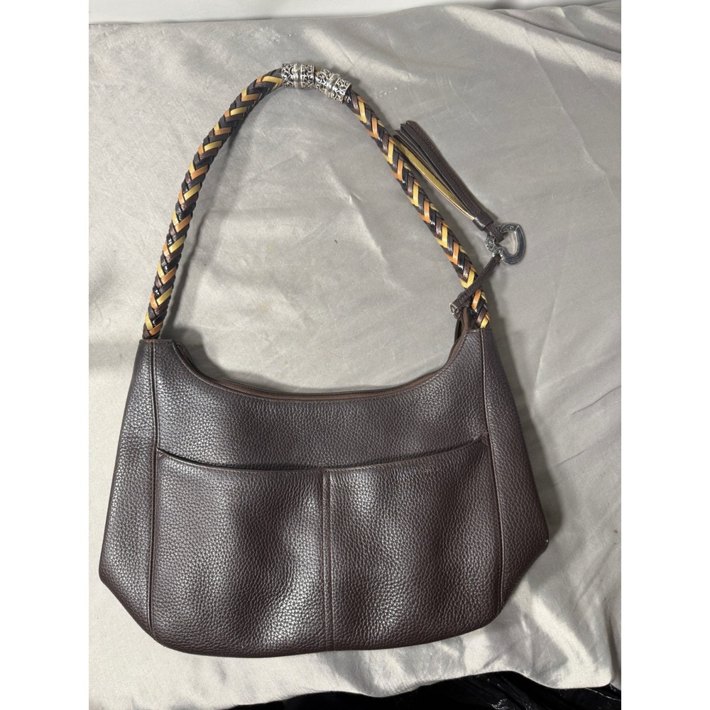 Brighton Brown Pebbled Leather Hobo Shoulder Bag Braided Strap Silver Hardware